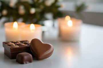 An exquisite heart-shaped chocolate is placed beside lit candles, creating a perfect romantic atmosphere conducive to love and fond memories shared.