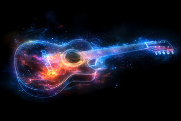 Obraz premium A glowing digital guitar with neon energy trails flowing from the strings, symbolizing creativity and passion