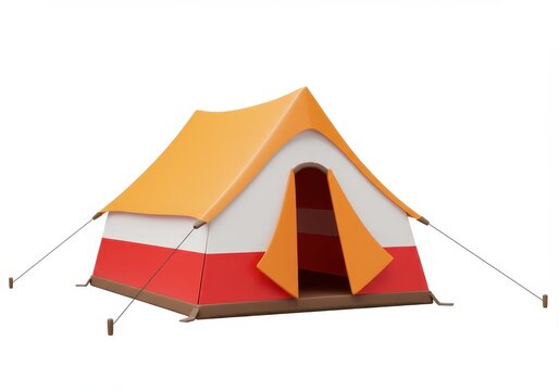 A 3D illustration of a vibrant camping tent with an orange, white and red color scheme