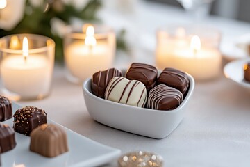 A stunning variety of chocolates showcases rich textures and delightful shapes, enhanced by the romantic glow from neatly arranged candles in the background.