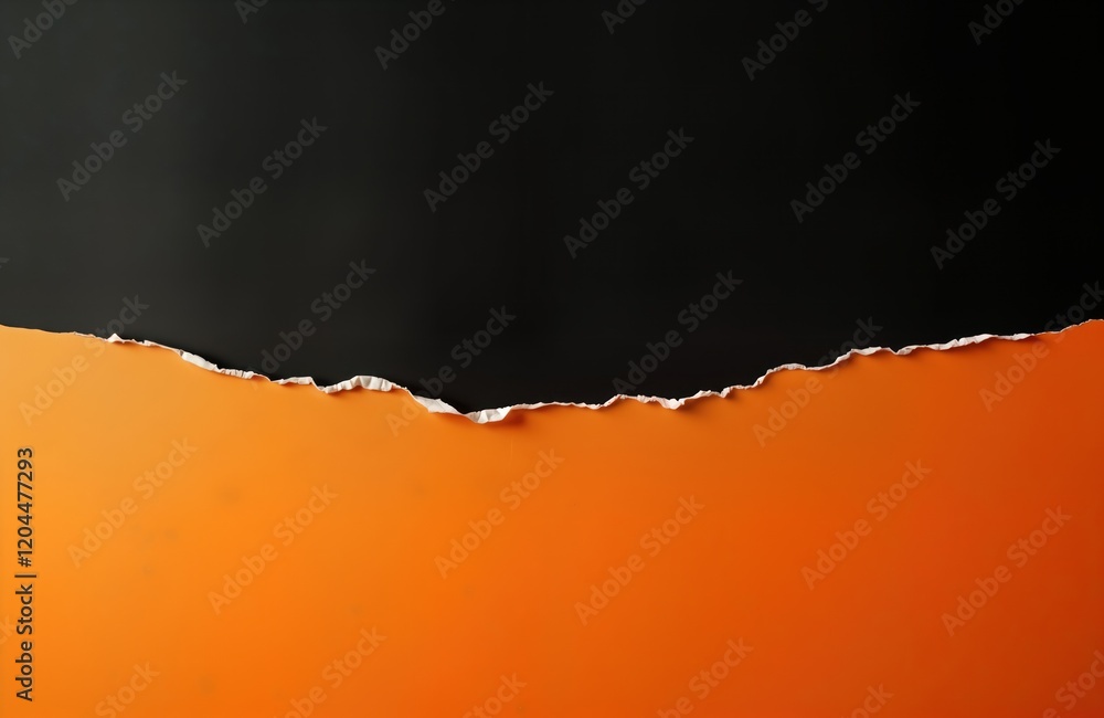 Poster Ripped orange paper on black background. Torn paper piece with ragged edges. Blank space. Material texture. Isolated. Creative design element. Simple backdrop. Suitable for advertising design