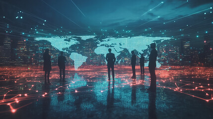 Obraz premium abstract professional business team people innovation connection of line from nail node to node on map background , networking concept