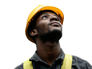 Black man construction worker with helmet looking up isolated on a transparent background