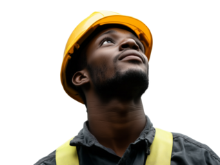 Black man construction worker with helmet looking up isolated on a transparent background