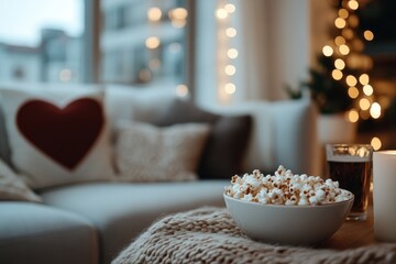 A beautifully arranged living room features a bowl of popcorn on a coffee table with soft cushions and heart decorations, evoking a warm and inviting atmosphere.
