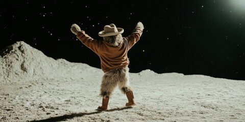 An astronaut joyfully celebrates on the Moon in a uniquely designed, creative outfit