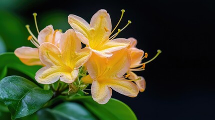 Obraz premium Vibrant orange and yellow azalea flowers bloom against a dark background in natural daylight.