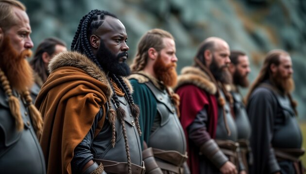 Group of Norse Viking men in traditional attire. Man with dark complexion, braided hair stands in center. Appear to posed outdoors in historical reenactment setting. Possible outdoor Viking gathering