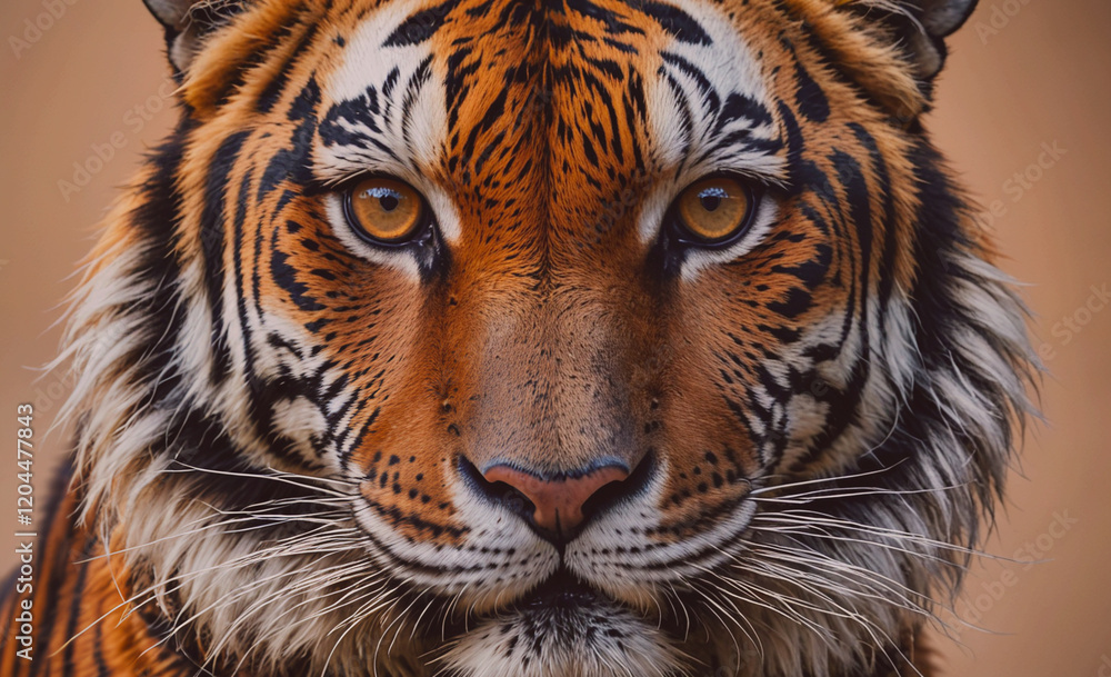 Poster a tiger with a yellow eye staring at the camera. the tiger has a striped face and is looking directl