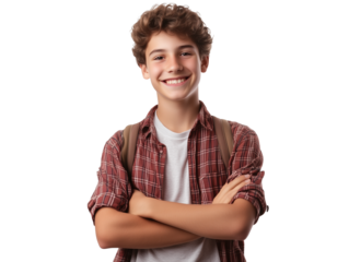Happy student boy smiling and laughing, isolated on transparent background