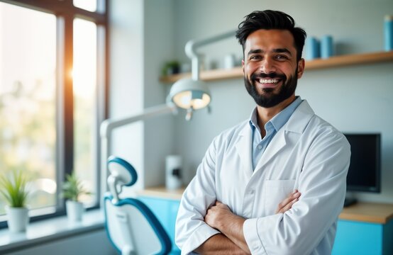 Confident Indian male dentist smiles in modern clinic. Stands with arms crossed. Wears white coat. Photo shows modern dental office environment. Pro health care image. Image for promoting dental