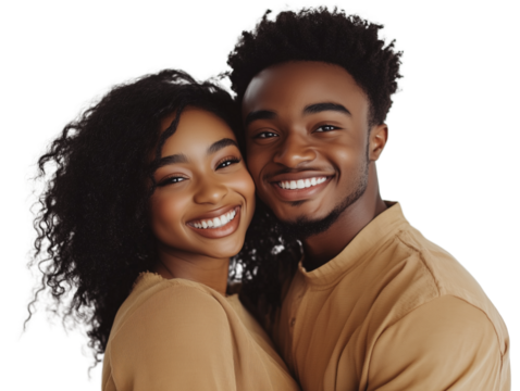 Happy young couple hugging and smiling together isolated on transparent background