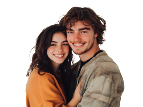 Happy young couple hugging and smiling together isolated on transparent background