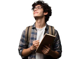Smiling young male student holding a book and wearing a backpack, looking up, isolated on transparent background