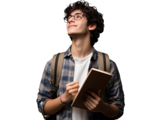 Smiling young male student holding a book and wearing a backpack, looking up, isolated on transparent background