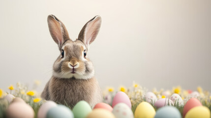 Brown Easter Bunny with Colorful Easter Eggs on Beige Background, Copy space for Text