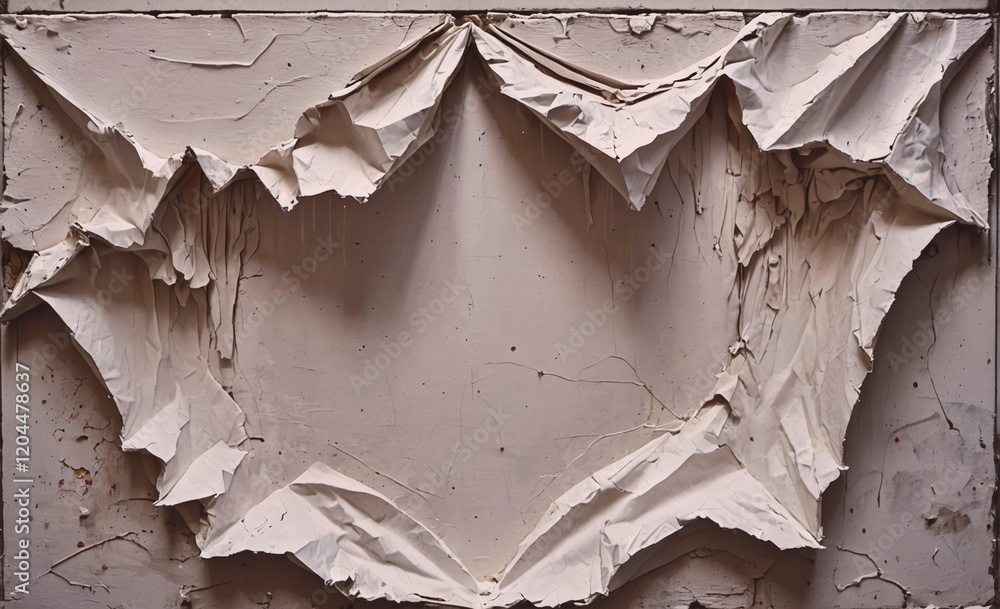 Poster piece of art with a torn paper covering the wall. the torn paper gives the impression of a broken or