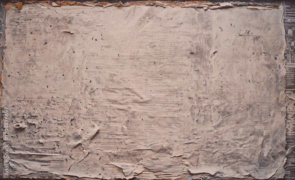 Poster wall with a very rough surface and a few words written on it. the wall appears to be a canvas for an