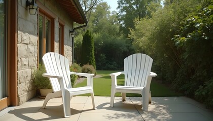 Obraz premium Dos sillas de plástico blancas en patio de casa