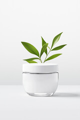 Elegant skincare jar with fresh green leaves against a soft background showcasing natural beauty
