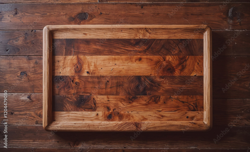 Poster wooden tray with a wooden border sits on a wooden table. the tray is empty and the table is made of 