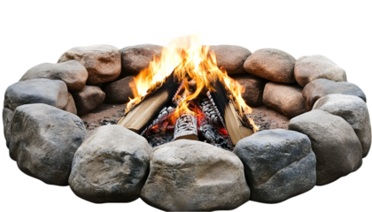 Crackling Campfire with Glowing Embers Surrounded by Grey and Br
