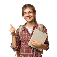 Smiling female student pointing up with finger with backpack and holding a book, isolated transparent background