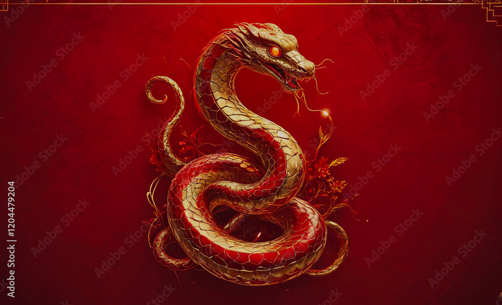 Poster red snake with gold scales and a glowing eye. the snake is curled up and he is sleeping