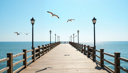 Naklejka premium Seagulls flying over wooden pier on calm blue ocean, wooden pier with lanterns
