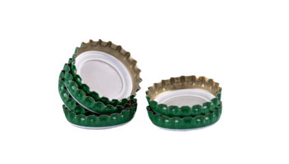 Green bottle caps isolated on white background