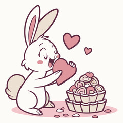 A cute cartoon rabbit holding a heart-shaped chocolate, surrounded by a basket of delicious treats