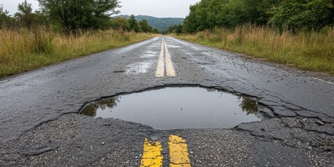 image depicts a damaged road featuring a pothole and its reflection in a nearby puddle