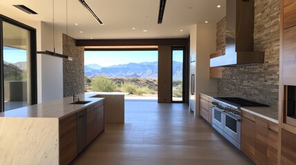 Modern kitchen, mountain view, desert home, open-plan design, luxury real estate