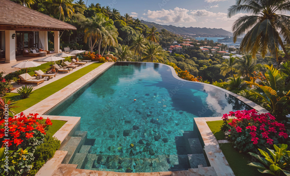 Aufkleber large pool with a beautiful garden surrounding it. the pool is surrounded by a stone walkway and has