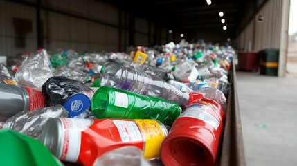 A pile of plastic bottles and cans are being sorted at a recycling center. The bottles are of various colors and sizes, and some of them are crushed. Scene is one of recycling