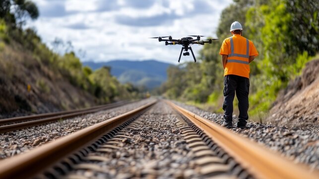 A man in an orange safety vest is standing on a railroad track next to a drone. The drone is hovering over the tracks, and the man is watching it. Concept of excitement and curiosity