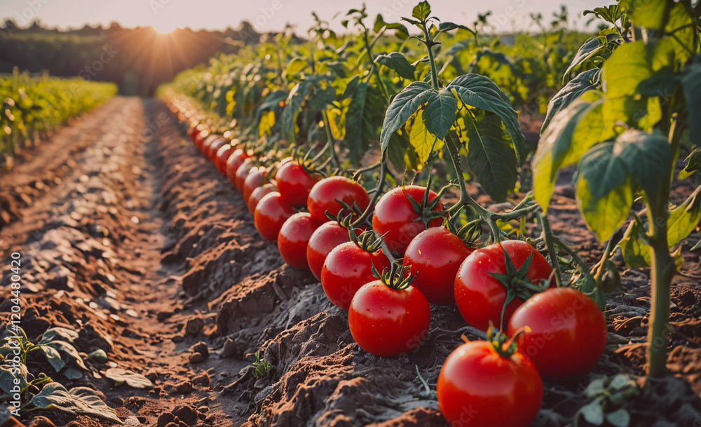 Poster row of red tomatoes are growing in a field. the tomatoes are ripe and ready to be picked