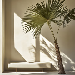 Luxurious Indoor Space Featuring Tropical Palm Plants in Elegant Pots, Surrounded by Glass Windows with a View of the Sky, Perfect for Homes, Offices, or Hotels