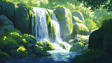 A gentle waterfall cascades over moss-covered rocks into a pool of shimmering water, creating a serene natural oasis. moss-covered rocks. illustration. Shimmering Waterfall. Illustration