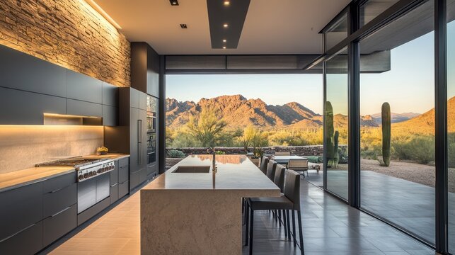 Modern kitchen with mountain views, Arizona desert landscape