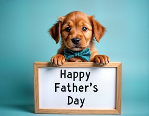Cute brown puppy wearing teal bow tie holds sign says Happy Fathers Day. Indoor studio photo. Adorable pet for Father Day card greeting card. Ideal for family, friends, colleagues. Perfect for