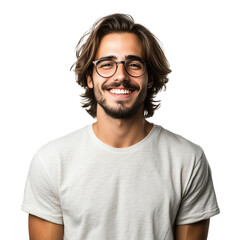 Portrait of a man with glasses, long hair and a warm smile, isolated with transparent background
