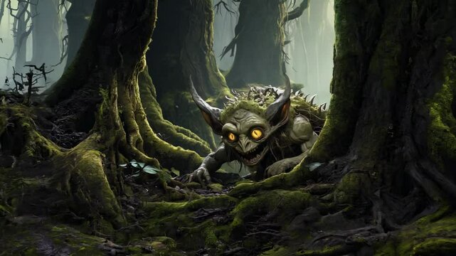 Menacing Forest Goblin: A Digital Painting of a Grotesque Creature Lurking in the Shadows of a Dark and Mysterious Forest