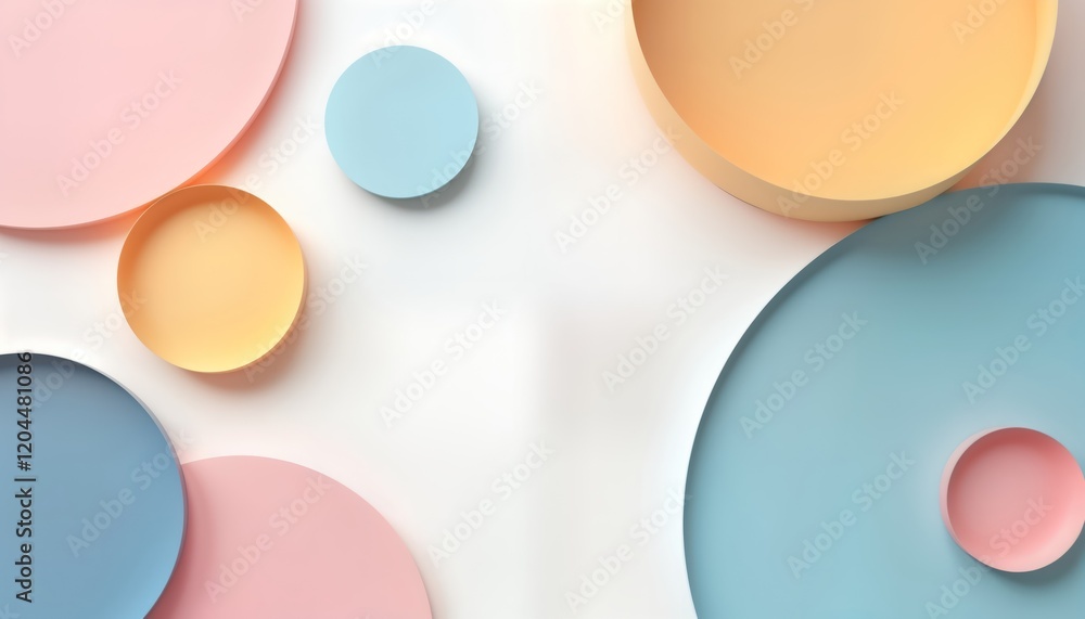 Poster pastel colored circles float on white background. abstract design with soft colors like pink yellow,