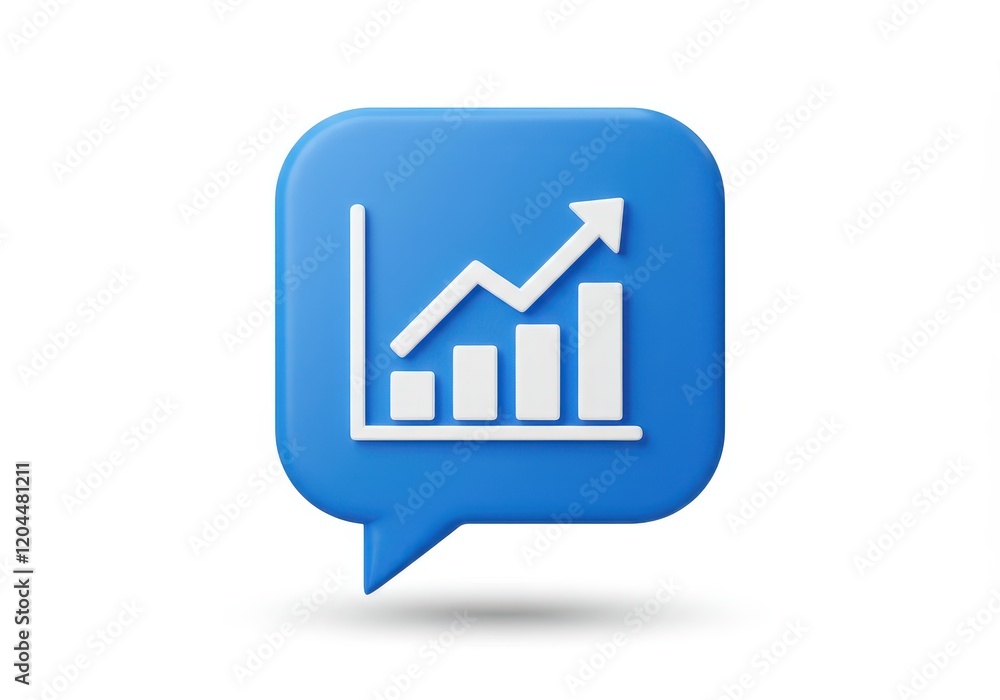 Poster a 3d blue speech bubble icon with a white line graph and connected nodes inside, representing analyt