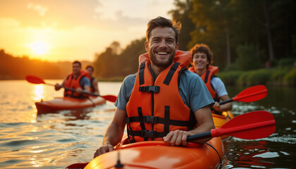 Young Caucasian friends enjoy kayaking on river during sunset. Smiling faces suggest happiness, togetherness. Activity suggests summer vacation weekend recreation. Kayaks in water. Group paddling