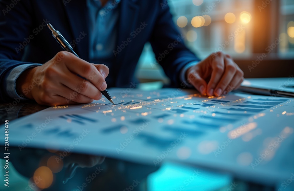 Poster businessperson examines glowing financial charts on table with digital data overlays. person analyze