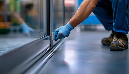 A worker repairing a sliding glass door, carefully installing the end cap with a focus on precision and high-quality craftsmanship.