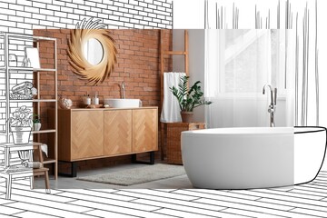 White bathtub, wooden stand with sink and mirror in interior of bathroom