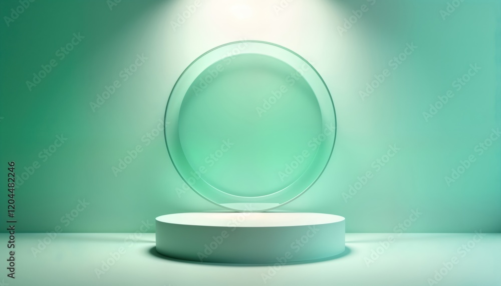 Poster empty light mint green studio with circular glass display, white pedestal. modern product display. m